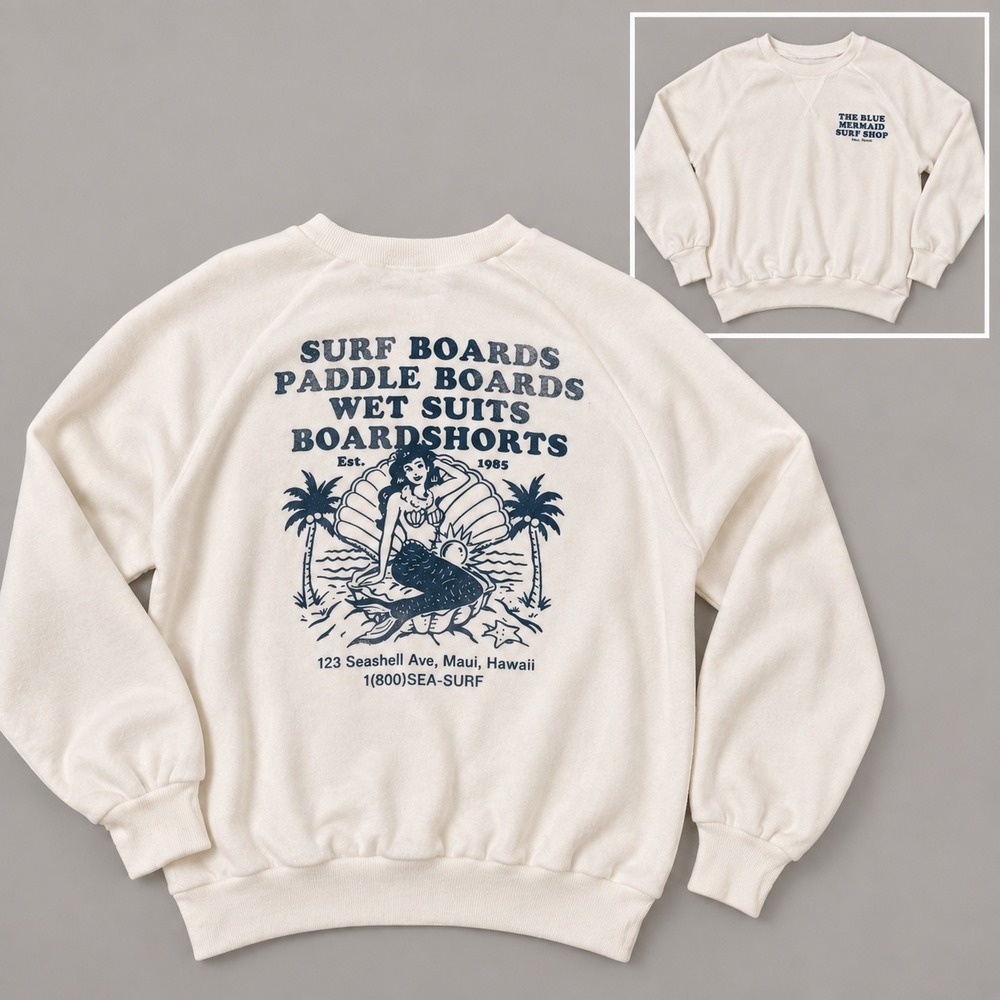 Maui Surf Graphic Sweatshirt White Mermaid Surf Shop Beach Coastal Grayson M